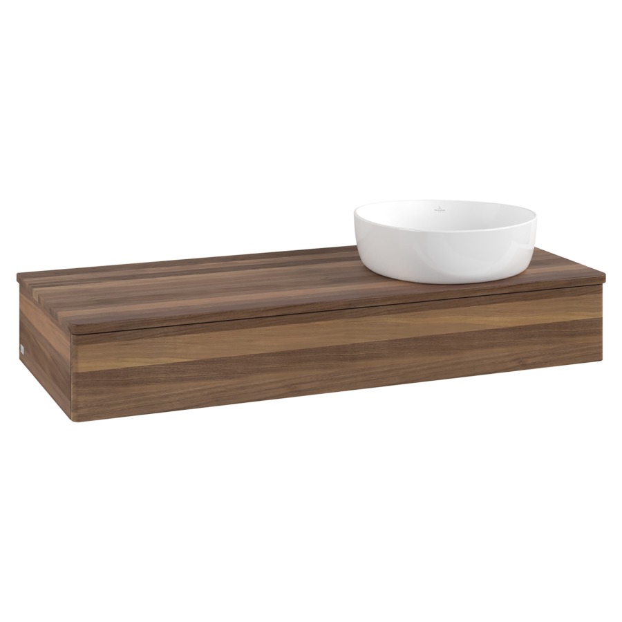 Élément inférieur  Antao
120 x 19 x 50 cm
élément de tiroir, 1&nbsp;tiroir
lavabo à droite
avec siphon gain de place
avec matériel de fixation
pour 1 lavabo à poser 234171/234172/234173
recouvrement Warm Walnut
sans trou pour robinet