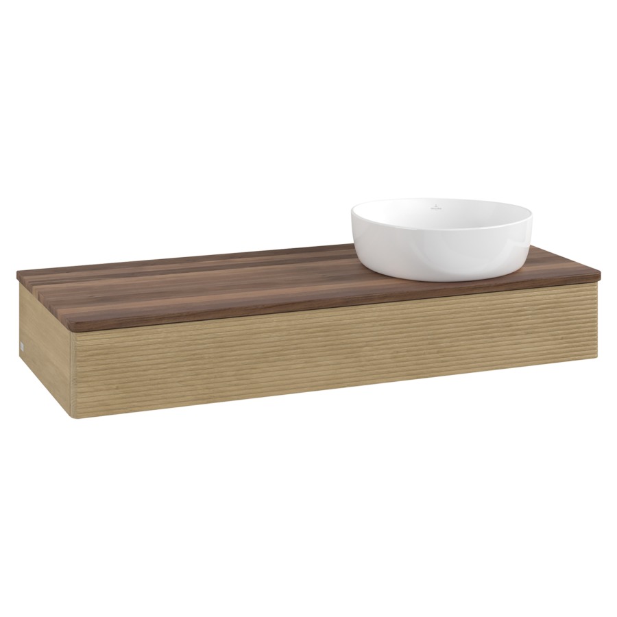 Élément inférieur  Antao
120 x 19 x 50 cm
élément de tiroir, 1&nbsp;tiroir
lavabo à droite
avec siphon gain de place
avec matériel de fixation
pour 1 lavabo à poser 234171/234172/234173
recouvrement Warm Walnut
sans trou pour robinet