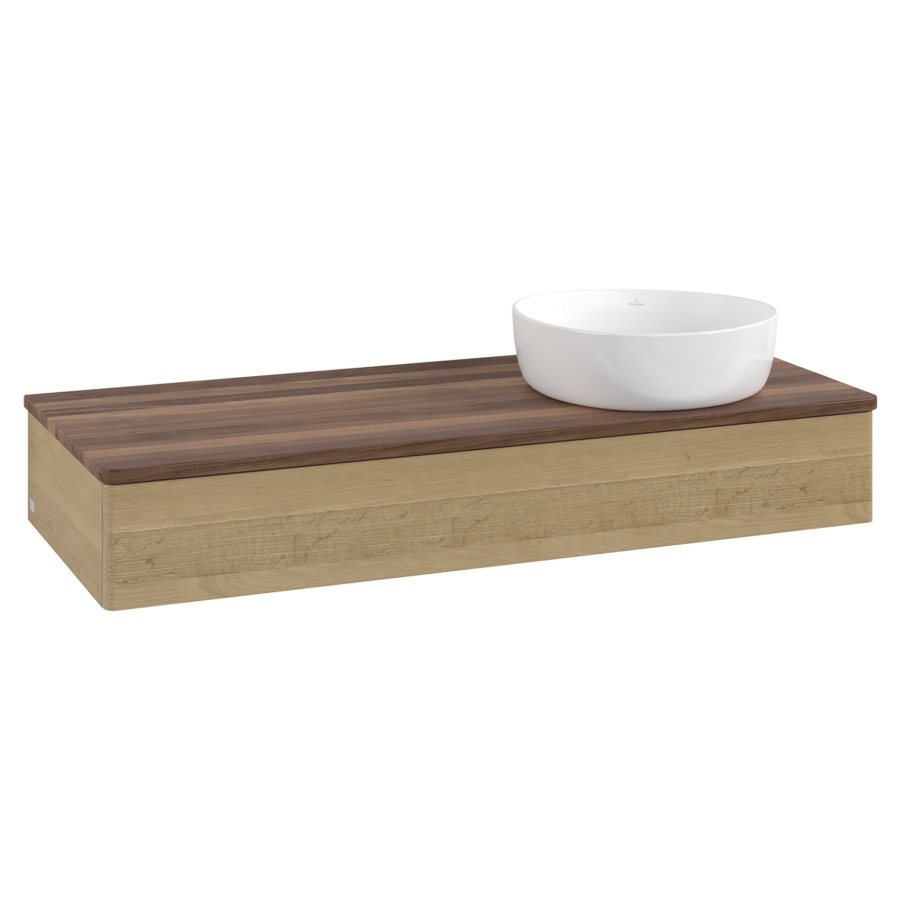 Élément inférieur  Antao
120 x 19 x 50 cm
élément de tiroir, 1&nbsp;tiroir
lavabo à droite
avec siphon gain de place
avec matériel de fixation
pour 1 lavabo à poser 234171/234172/234173
recouvrement Warm Walnut
sans trou pour robinet