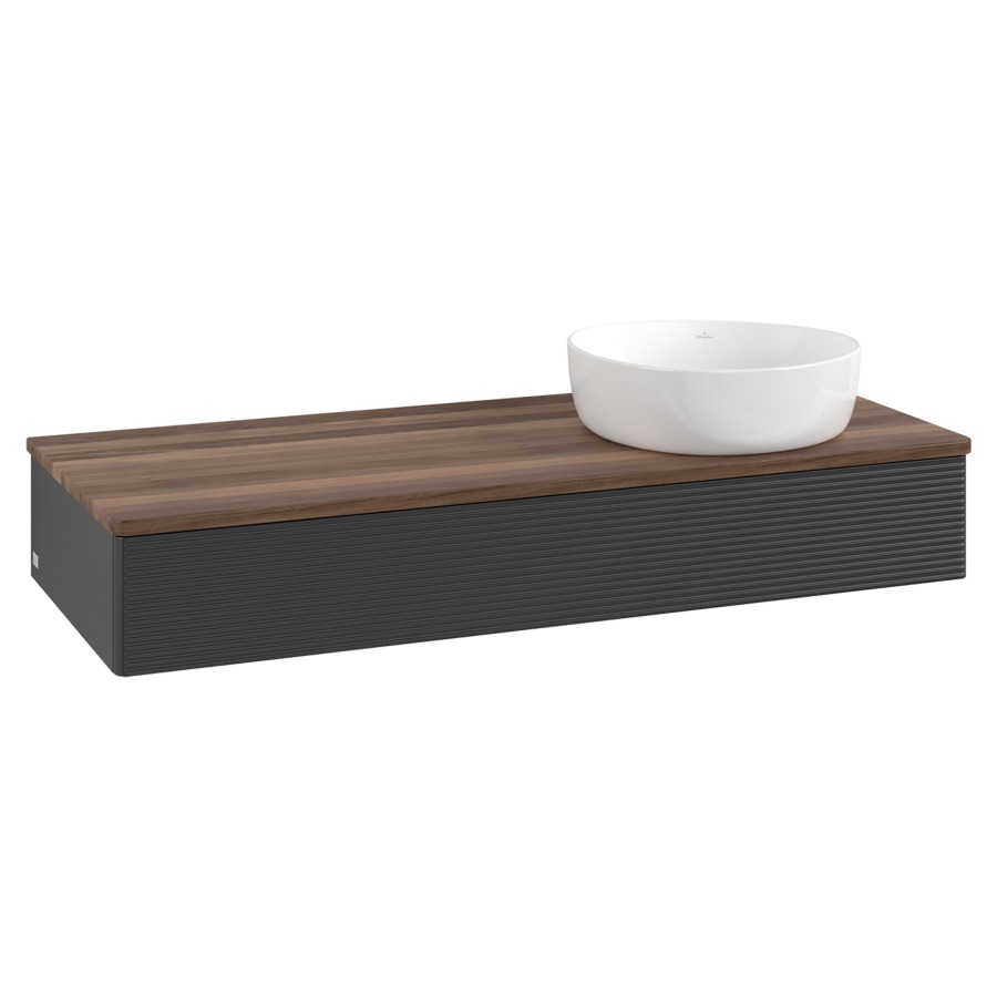 Élément inférieur  Antao
120 x 19 x 50 cm
élément de tiroir, 1&nbsp;tiroir
lavabo à droite
avec siphon gain de place
avec matériel de fixation
pour 1 lavabo à poser 234171/234172/234173
recouvrement Warm Walnut
sans trou pour robinet