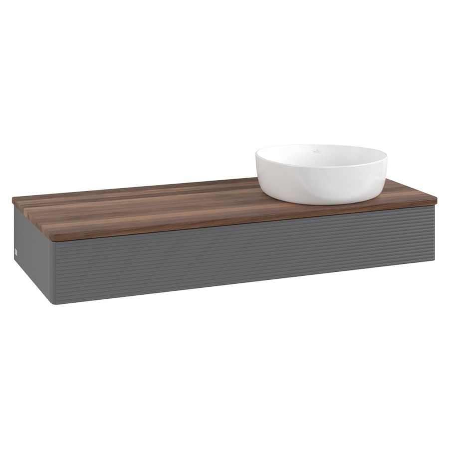 Élément inférieur  Antao
120 x 19 x 50 cm
élément de tiroir, 1&nbsp;tiroir
lavabo à droite
avec siphon gain de place
avec matériel de fixation
pour 1 lavabo à poser 234171/234172/234173
recouvrement Warm Walnut
sans trou pour robinet