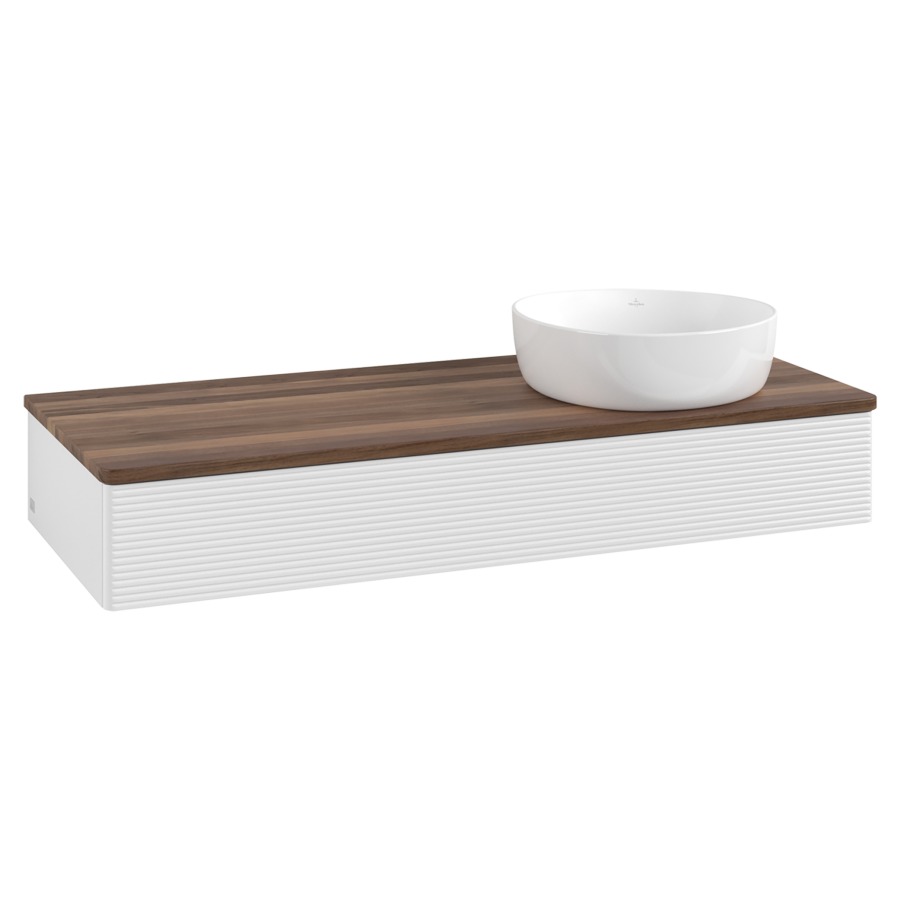 Élément inférieur  Antao
120 x 19 x 50 cm
élément de tiroir, 1&nbsp;tiroir
lavabo à droite
avec siphon gain de place
avec matériel de fixation
pour 1 lavabo à poser 234171/234172/234173
recouvrement Warm Walnut
sans trou pour robinet