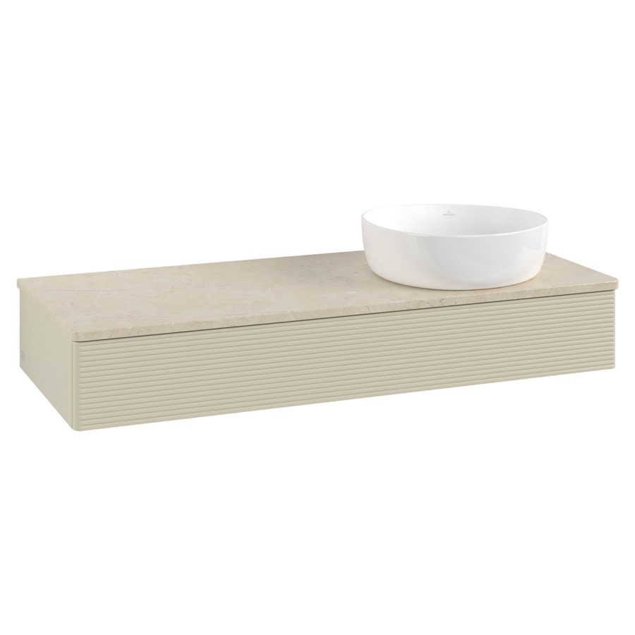 Élément inférieur  Antao
120 x 19 x 50 cm
élément de tiroir, 1&nbsp;tiroir
lavabo à droite
avec siphon gain de place
avec matériel de fixation
pour 1 lavabo à poser 234171/234172/234173
recouvrement Botticino
sans trou pour robinet