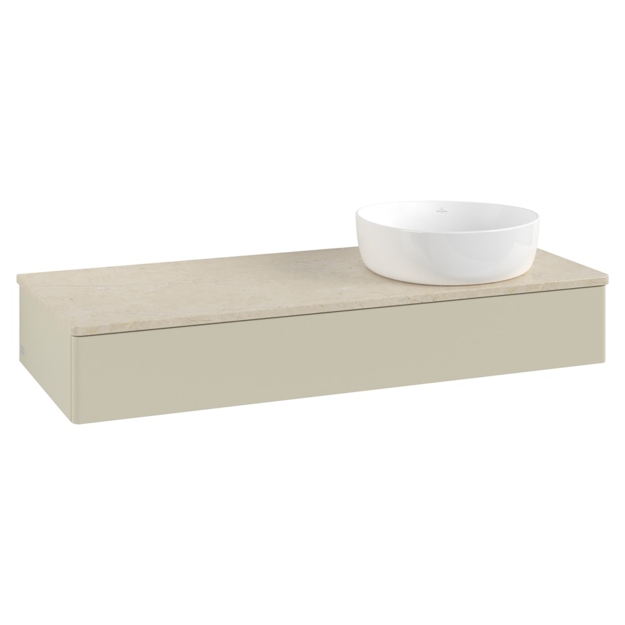 Élément inférieur  Antao
120 x 19 x 50 cm
élément de tiroir, 1&nbsp;tiroir
lavabo à droite
avec siphon gain de place
avec matériel de fixation
pour 1 lavabo à poser 234171/234172/234173
recouvrement Botticino
sans trou pour robinet