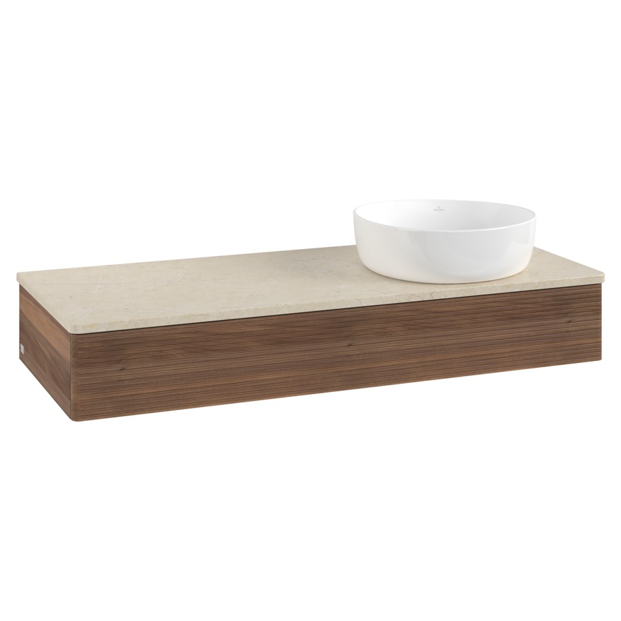 Élément inférieur  Antao
120 x 19 x 50 cm
élément de tiroir, 1&nbsp;tiroir
lavabo à droite
avec siphon gain de place
avec matériel de fixation
pour 1 lavabo à poser 234171/234172/234173
recouvrement Botticino
sans trou pour robinet