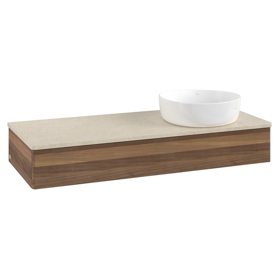 Élément inférieur  Antao
120 x 19 x 50 cm
élément de tiroir, 1&nbsp;tiroir
lavabo à droite
avec siphon gain de place
avec matériel de fixation
pour 1 lavabo à poser 234171/234172/234173
recouvrement Botticino
sans trou pour robinet