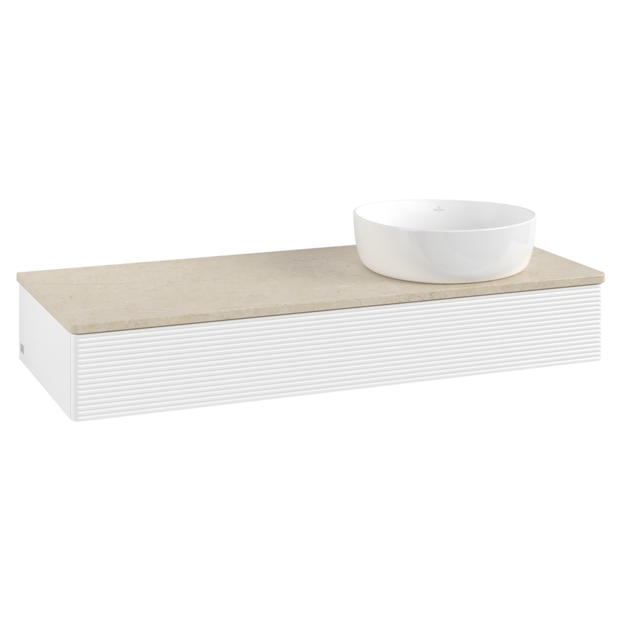 Élément inférieur  Antao
120 x 19 x 50 cm
élément de tiroir, 1&nbsp;tiroir
lavabo à droite
avec siphon gain de place
avec matériel de fixation
pour 1 lavabo à poser 234171/234172/234173
recouvrement Botticino
sans trou pour robinet