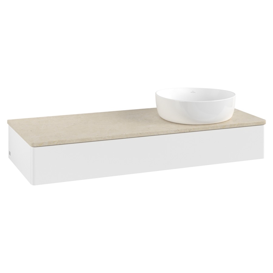 Élément inférieur  Antao
120 x 19 x 50 cm
élément de tiroir, 1&nbsp;tiroir
lavabo à droite
avec siphon gain de place
avec matériel de fixation
pour 1 lavabo à poser 234171/234172/234173
recouvrement Botticino
sans trou pour robinet