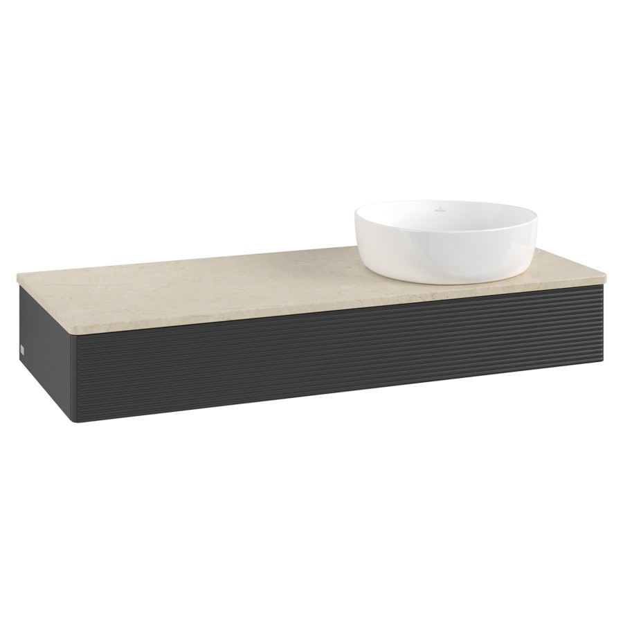 Élément inférieur  Antao
120 x 19 x 50 cm
élément de tiroir, 1&nbsp;tiroir
lavabo à droite
avec siphon gain de place
avec matériel de fixation
pour 1 lavabo à poser 234171/234172/234173
recouvrement Botticino
sans trou pour robinet