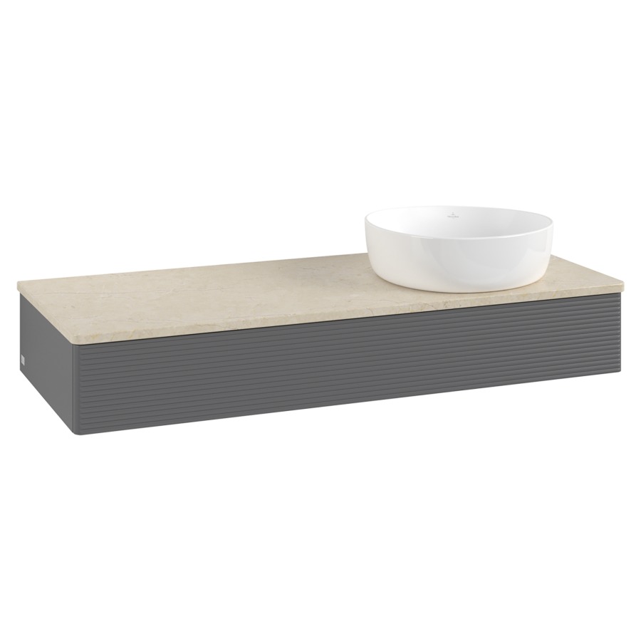 Élément inférieur  Antao
120 x 19 x 50 cm
élément de tiroir, 1&nbsp;tiroir
lavabo à droite
avec siphon gain de place
avec matériel de fixation
pour 1 lavabo à poser 234171/234172/234173
recouvrement Botticino
sans trou pour robinet