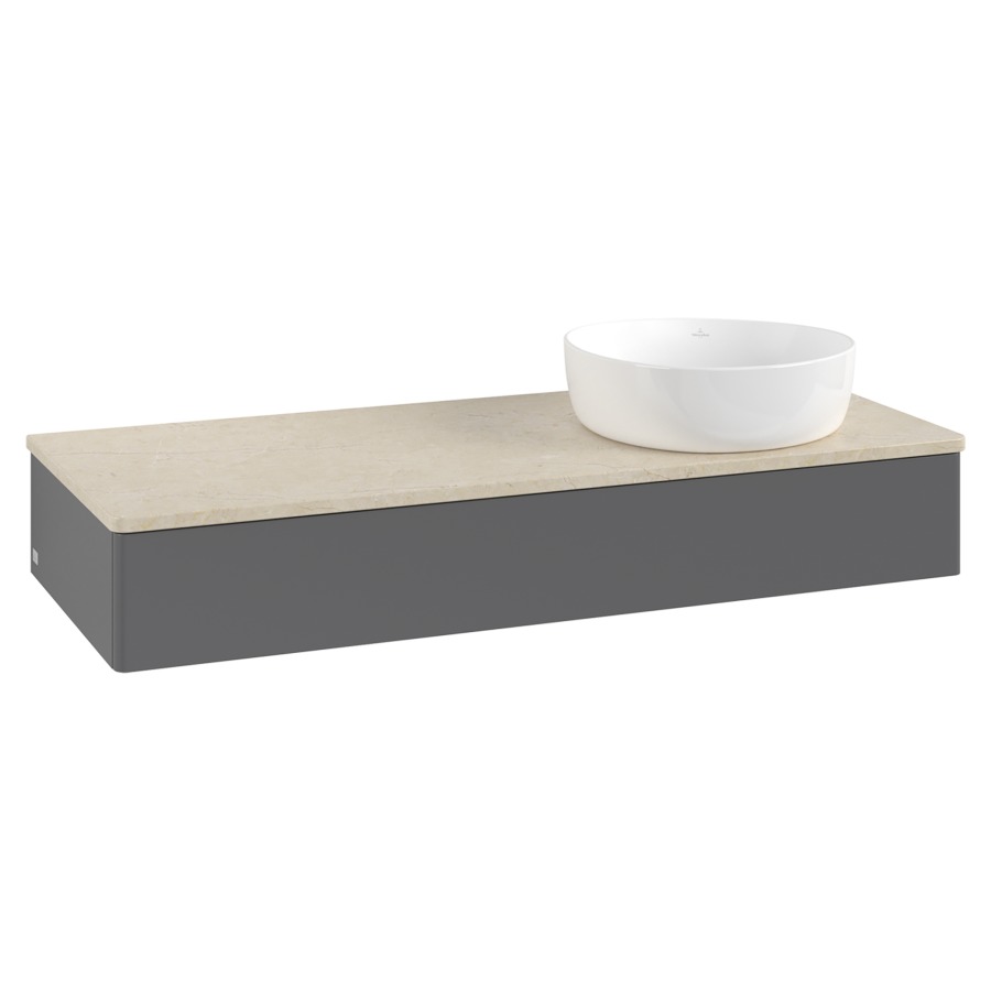 Élément inférieur  Antao
120 x 19 x 50 cm
élément de tiroir, 1&nbsp;tiroir
lavabo à droite
avec siphon gain de place
avec matériel de fixation
pour 1 lavabo à poser 234171/234172/234173
recouvrement Botticino
sans trou pour robinet