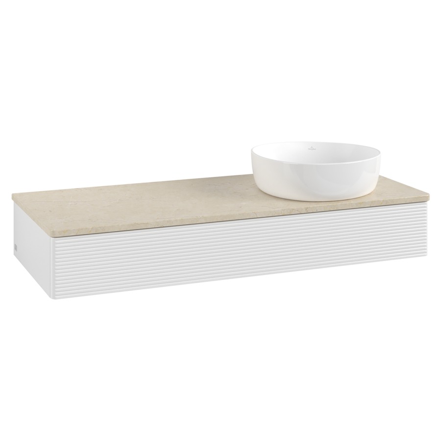 Élément inférieur  Antao
120 x 19 x 50 cm
élément de tiroir, 1&nbsp;tiroir
lavabo à droite
avec siphon gain de place
avec matériel de fixation
pour 1 lavabo à poser 234171/234172/234173
recouvrement Botticino
sans trou pour robinet