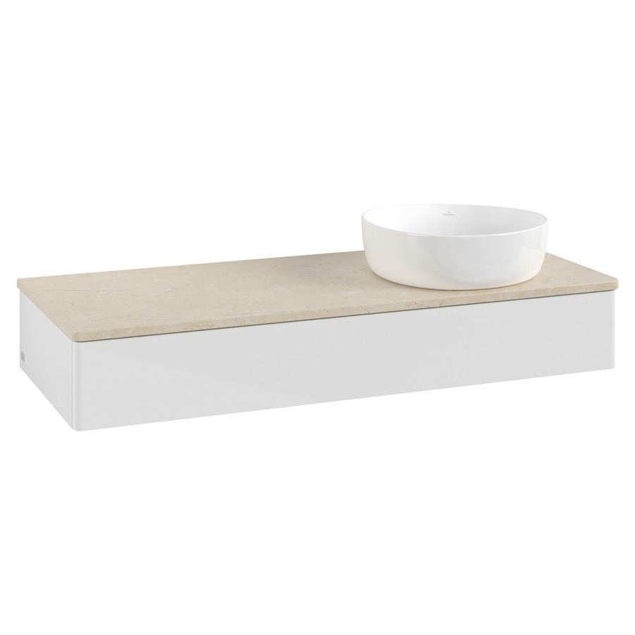 Élément inférieur  Antao
120 x 19 x 50 cm
élément de tiroir, 1&nbsp;tiroir
lavabo à droite
avec siphon gain de place
avec matériel de fixation
pour 1 lavabo à poser 234171/234172/234173
recouvrement Botticino
sans trou pour robinet