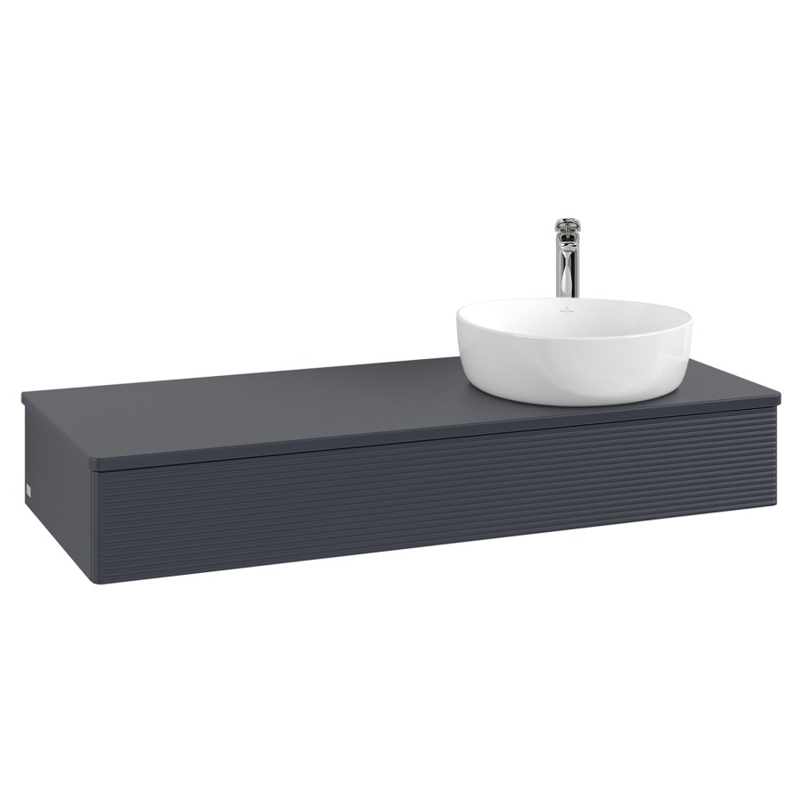 Élément inférieur  Antao
120 x 19 x 50 cm
élément de tiroir, 1&nbsp;tiroir
lavabo à droite
avec siphon gain de place
avec matériel de fixation
pour 1 lavabo à poser 101037/101038/234171
recouvrement avec trou pour robinet
