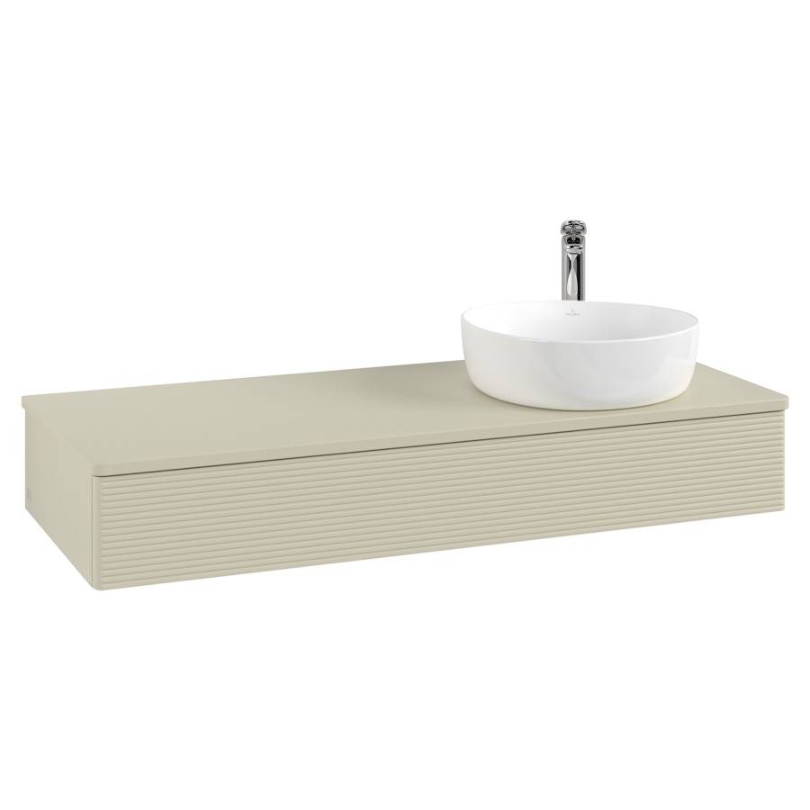 Élément inférieur  Antao
120 x 19 x 50 cm
élément de tiroir, 1&nbsp;tiroir
lavabo à droite
avec siphon gain de place
avec matériel de fixation
pour 1 lavabo à poser 101037/101038/234171
recouvrement avec trou pour robinet