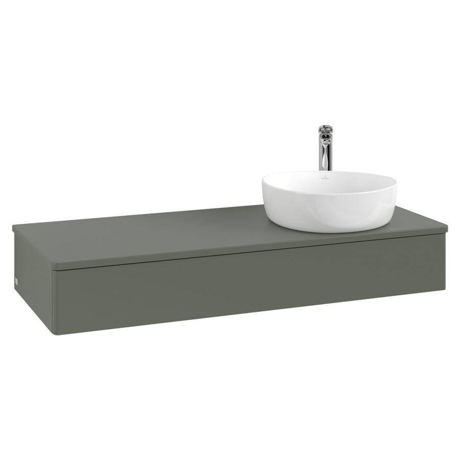 Élément inférieur  Antao
120 x 19 x 50 cm
élément de tiroir, 1&nbsp;tiroir
lavabo à droite
avec siphon gain de place
avec matériel de fixation
pour 1 lavabo à poser 101037/101038/234171
recouvrement avec trou pour robinet