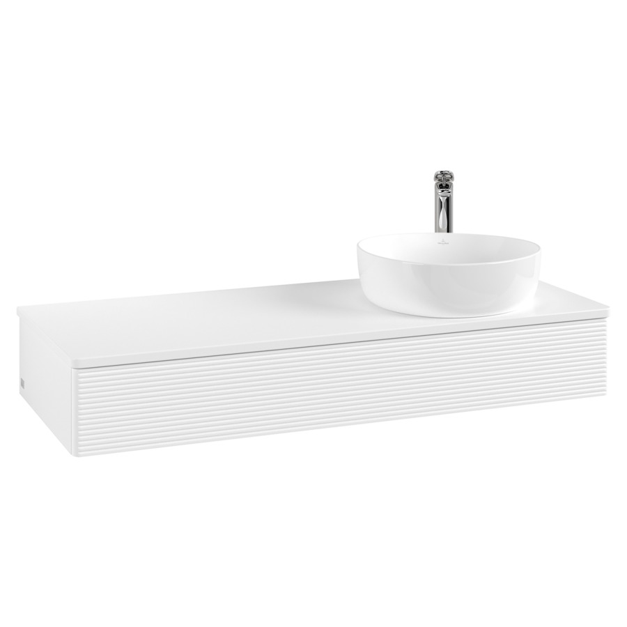 Élément inférieur  Antao
120 x 19 x 50 cm
élément de tiroir, 1&nbsp;tiroir
lavabo à droite
avec siphon gain de place
avec matériel de fixation
pour 1 lavabo à poser 101037/101038/234171
recouvrement avec trou pour robinet