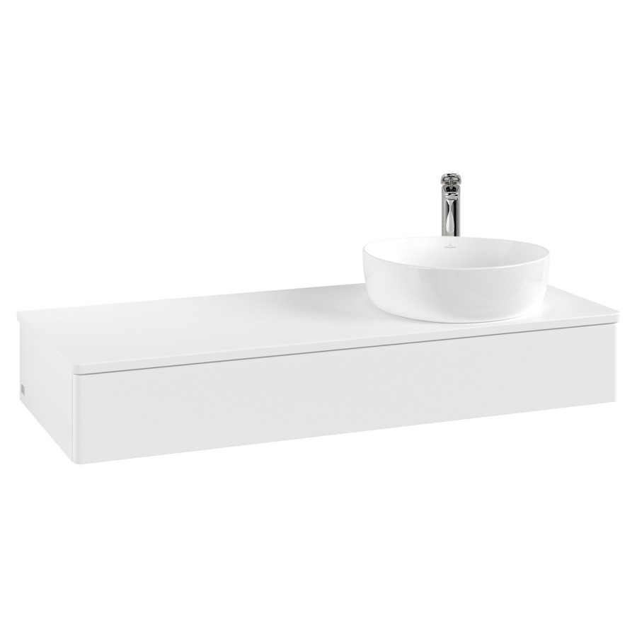 Élément inférieur  Antao
120 x 19 x 50 cm
élément de tiroir, 1&nbsp;tiroir
lavabo à droite
avec siphon gain de place
avec matériel de fixation
pour 1 lavabo à poser 101037/101038/234171
recouvrement avec trou pour robinet