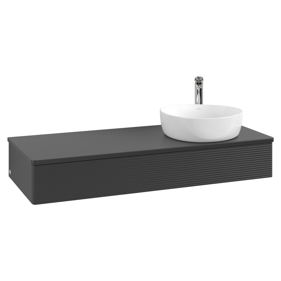 Élément inférieur  Antao
120 x 19 x 50 cm
élément de tiroir, 1&nbsp;tiroir
lavabo à droite
avec siphon gain de place
avec matériel de fixation
pour 1 lavabo à poser 101037/101038/234171
recouvrement avec trou pour robinet