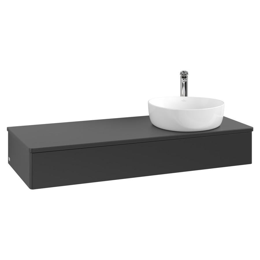 Élément inférieur  Antao
120 x 19 x 50 cm
élément de tiroir, 1&nbsp;tiroir
lavabo à droite
avec siphon gain de place
avec matériel de fixation
pour 1 lavabo à poser 101037/101038/234171
recouvrement avec trou pour robinet