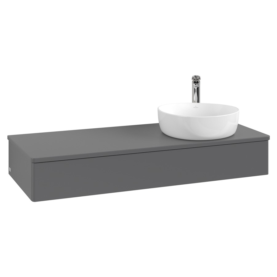 Élément inférieur  Antao
120 x 19 x 50 cm
élément de tiroir, 1&nbsp;tiroir
lavabo à droite
avec siphon gain de place
avec matériel de fixation
pour 1 lavabo à poser 101037/101038/234171
recouvrement avec trou pour robinet