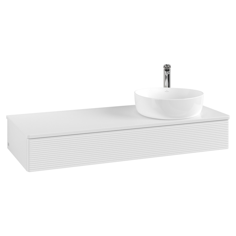 Élément inférieur  Antao
120 x 19 x 50 cm
élément de tiroir, 1&nbsp;tiroir
lavabo à droite
avec siphon gain de place
avec matériel de fixation
pour 1 lavabo à poser 101037/101038/234171
recouvrement avec trou pour robinet