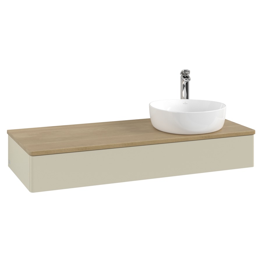 Élément inférieur  Antao
120 x 19 x 50 cm
élément de tiroir, 1&nbsp;tiroir
lavabo à droite
avec siphon gain de place
avec matériel de fixation
pour 1 lavabo à poser 101037/101038/234171
recouvrement Honey Oak, 1 trou pour robinet
