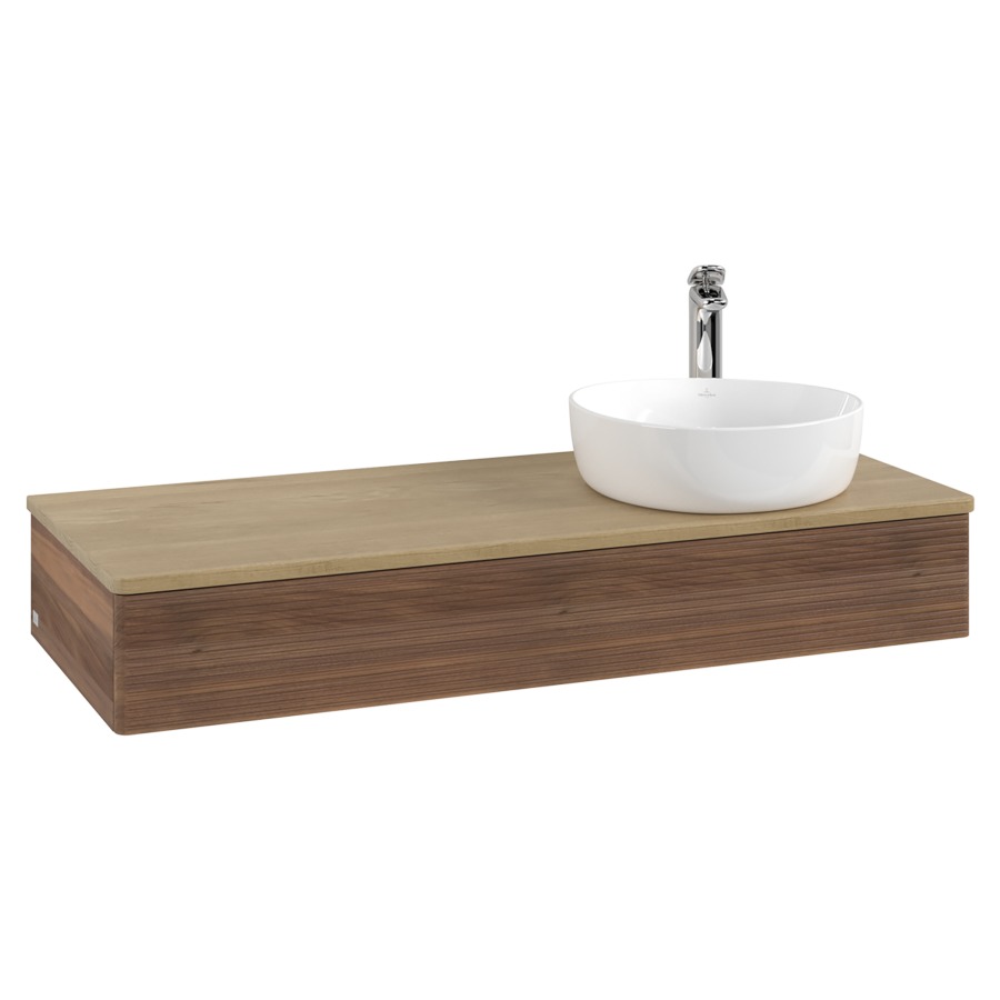 Élément inférieur  Antao
120 x 19 x 50 cm
élément de tiroir, 1&nbsp;tiroir
lavabo à droite
avec siphon gain de place
avec matériel de fixation
pour 1 lavabo à poser 101037/101038/234171
recouvrement Honey Oak, 1 trou pour robinet