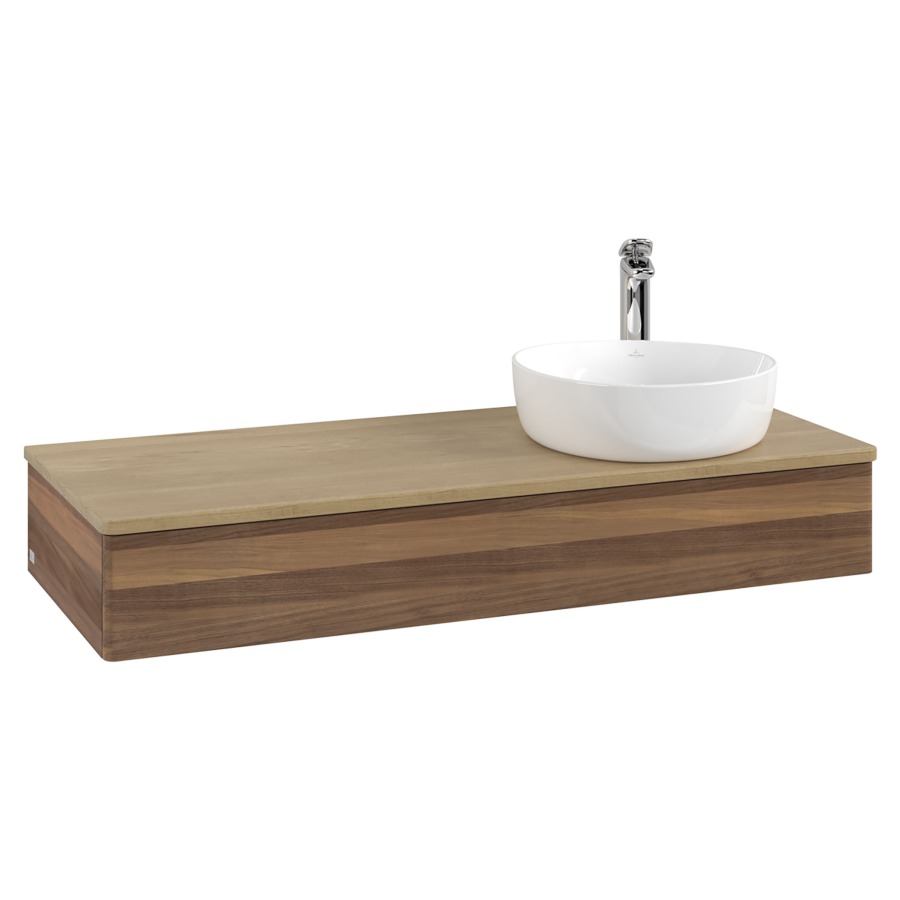 Élément inférieur  Antao
120 x 19 x 50 cm
élément de tiroir, 1&nbsp;tiroir
lavabo à droite
avec siphon gain de place
avec matériel de fixation
pour 1 lavabo à poser 101037/101038/234171
recouvrement Honey Oak, 1 trou pour robinet