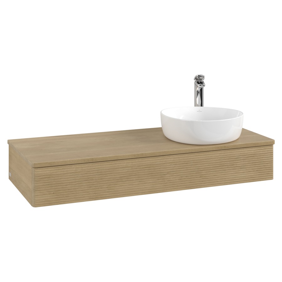 Élément inférieur  Antao
120 x 19 x 50 cm
élément de tiroir, 1&nbsp;tiroir
lavabo à droite
avec siphon gain de place
avec matériel de fixation
pour 1 lavabo à poser 101037/101038/234171
recouvrement Honey Oak, 1 trou pour robinet