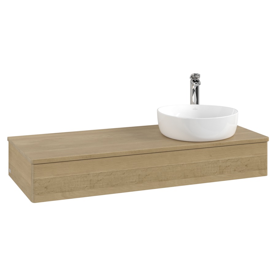 Élément inférieur  Antao
120 x 19 x 50 cm
élément de tiroir, 1&nbsp;tiroir
lavabo à droite
avec siphon gain de place
avec matériel de fixation
pour 1 lavabo à poser 101037/101038/234171
recouvrement Honey Oak, 1 trou pour robinet