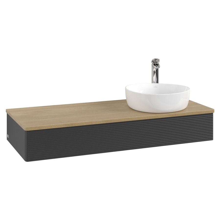 Élément inférieur  Antao
120 x 19 x 50 cm
élément de tiroir, 1&nbsp;tiroir
lavabo à droite
avec siphon gain de place
avec matériel de fixation
pour 1 lavabo à poser 101037/101038/234171
recouvrement Honey Oak, 1 trou pour robinet
