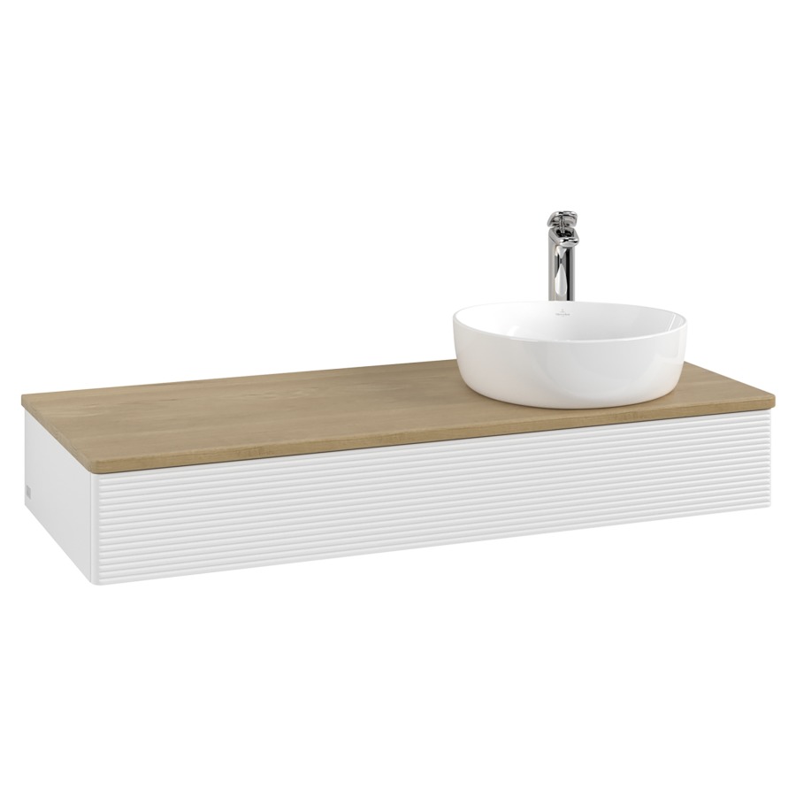 Élément inférieur  Antao
120 x 19 x 50 cm
élément de tiroir, 1&nbsp;tiroir
lavabo à droite
avec siphon gain de place
avec matériel de fixation
pour 1 lavabo à poser 101037/101038/234171
recouvrement Honey Oak, 1 trou pour robinet