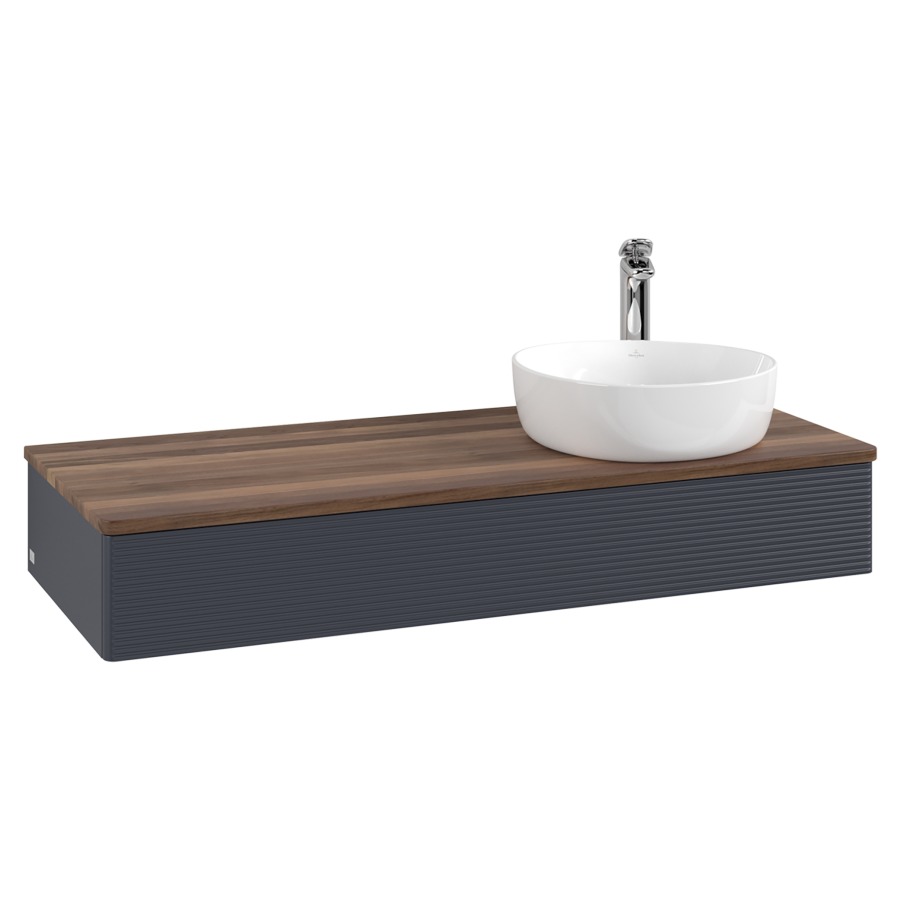 Élément inférieur  Antao
120 x 19 x 50 cm
élément de tiroir, 1&nbsp;tiroir
lavabo à droite
avec siphon gain de place
avec matériel de fixation
pour 1 lavabo à poser 101037/101038/234171
recouvrement Warm Walnut, 1 trou pour robinet