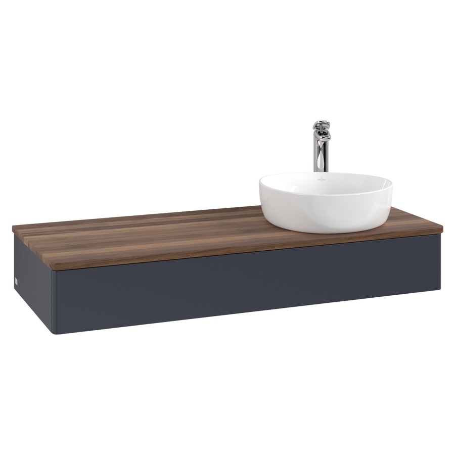 Élément inférieur  Antao
120 x 19 x 50 cm
élément de tiroir, 1&nbsp;tiroir
lavabo à droite
avec siphon gain de place
avec matériel de fixation
pour 1 lavabo à poser 101037/101038/234171
recouvrement Warm Walnut, 1 trou pour robinet