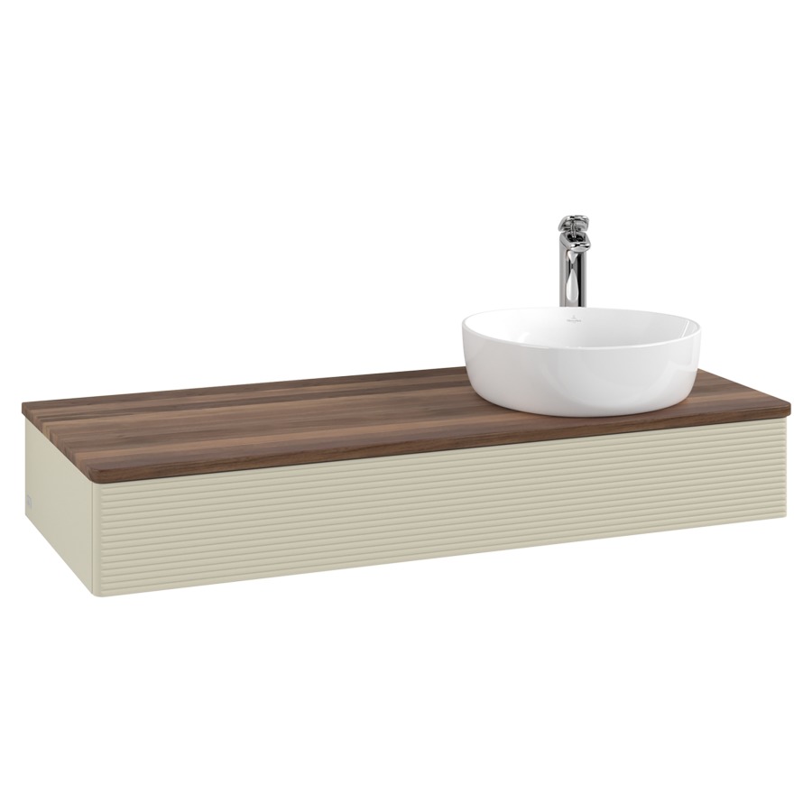 Élément inférieur  Antao
120 x 19 x 50 cm
élément de tiroir, 1&nbsp;tiroir
lavabo à droite
avec siphon gain de place
avec matériel de fixation
pour 1 lavabo à poser 101037/101038/234171
recouvrement Warm Walnut, 1 trou pour robinet