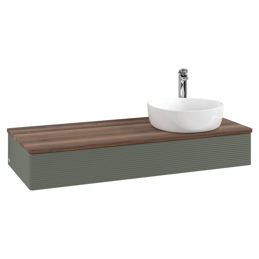 Élément inférieur  Antao
120 x 19 x 50 cm
élément de tiroir, 1&nbsp;tiroir
lavabo à droite
avec siphon gain de place
avec matériel de fixation
pour 1 lavabo à poser 101037/101038/234171
recouvrement Warm Walnut, 1 trou pour robinet