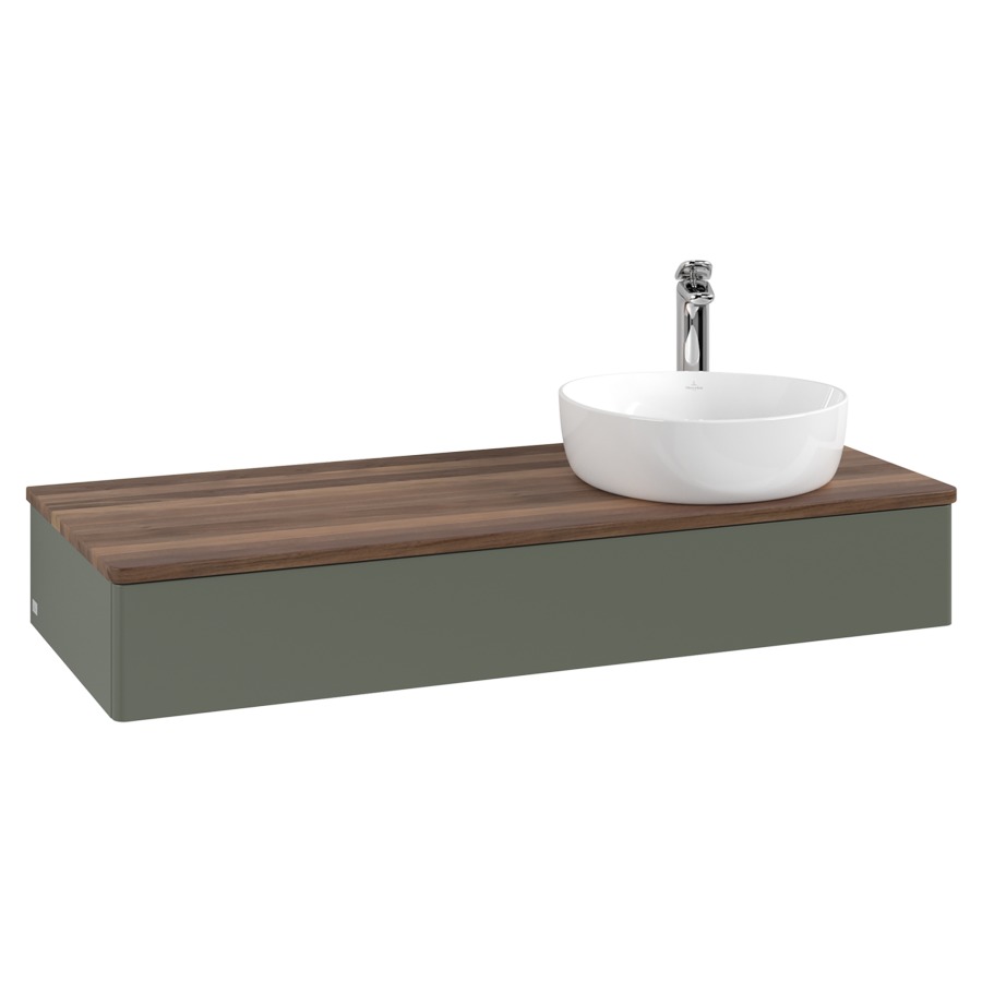 Élément inférieur  Antao
120 x 19 x 50 cm
élément de tiroir, 1&nbsp;tiroir
lavabo à droite
avec siphon gain de place
avec matériel de fixation
pour 1 lavabo à poser 101037/101038/234171
recouvrement Warm Walnut, 1 trou pour robinet