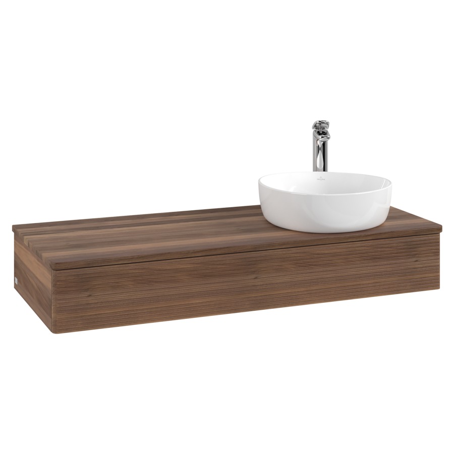 Élément inférieur  Antao
120 x 19 x 50 cm
élément de tiroir, 1&nbsp;tiroir
lavabo à droite
avec siphon gain de place
avec matériel de fixation
pour 1 lavabo à poser 101037/101038/234171
recouvrement Warm Walnut, 1 trou pour robinet