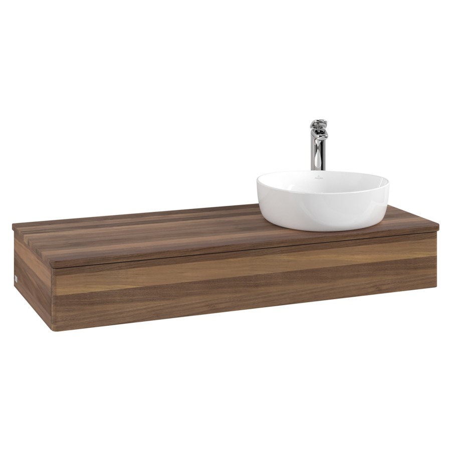 Élément inférieur  Antao
120 x 19 x 50 cm
élément de tiroir, 1&nbsp;tiroir
lavabo à droite
avec siphon gain de place
avec matériel de fixation
pour 1 lavabo à poser 101037/101038/234171
recouvrement Warm Walnut, 1 trou pour robinet