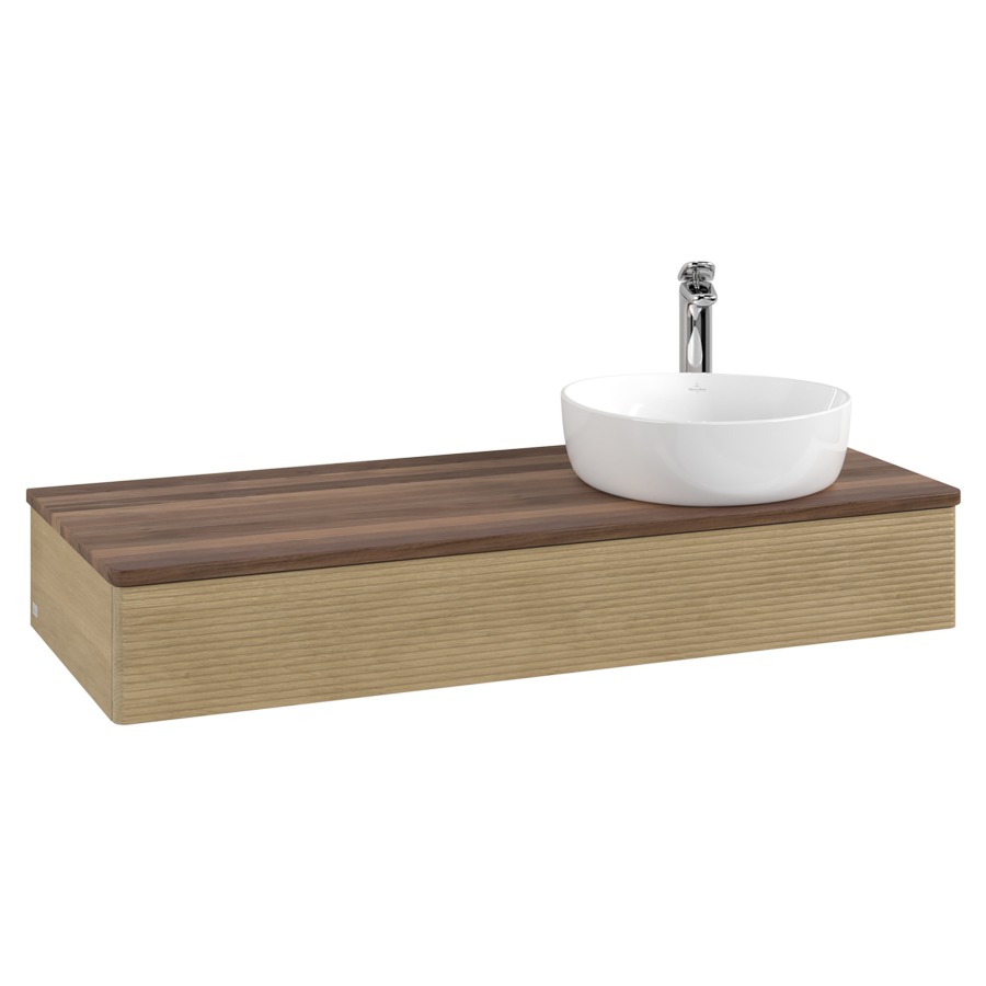 Élément inférieur  Antao
120 x 19 x 50 cm
élément de tiroir, 1&nbsp;tiroir
lavabo à droite
avec siphon gain de place
avec matériel de fixation
pour 1 lavabo à poser 101037/101038/234171
recouvrement Warm Walnut, 1 trou pour robinet