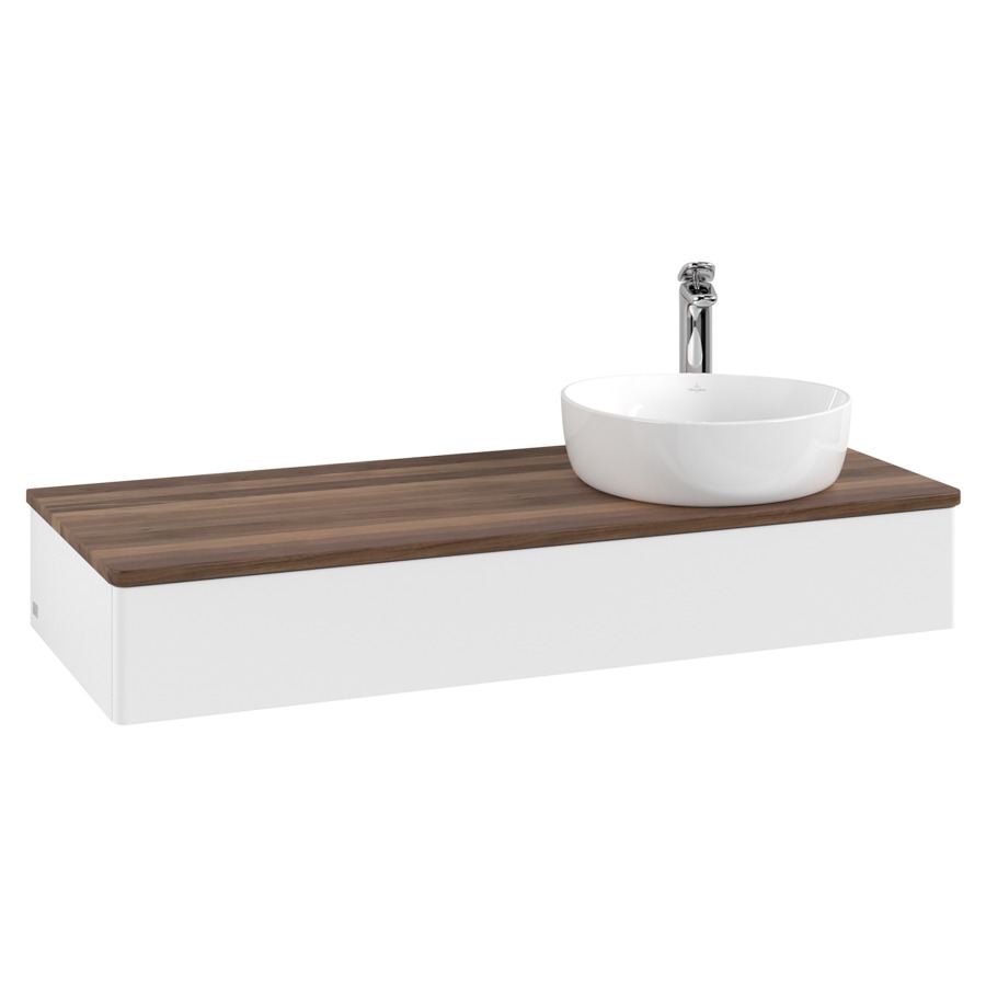 Élément inférieur  Antao
120 x 19 x 50 cm
élément de tiroir, 1&nbsp;tiroir
lavabo à droite
avec siphon gain de place
avec matériel de fixation
pour 1 lavabo à poser 101037/101038/234171
recouvrement Warm Walnut, 1 trou pour robinet