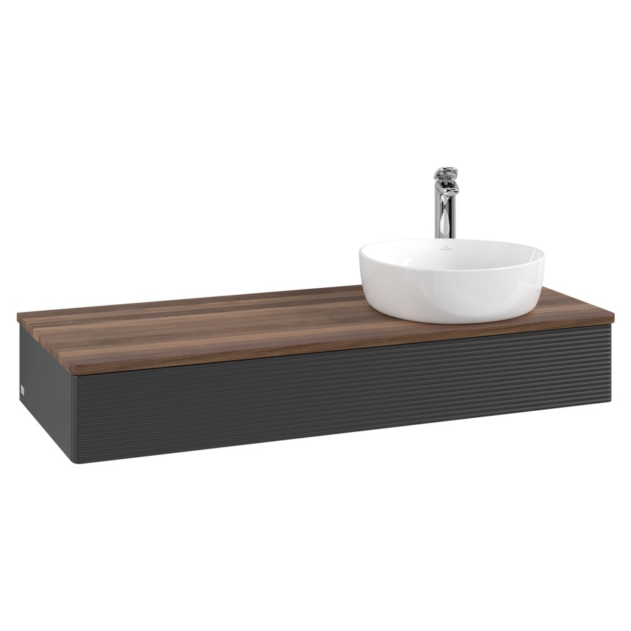 Élément inférieur  Antao
120 x 19 x 50 cm
élément de tiroir, 1&nbsp;tiroir
lavabo à droite
avec siphon gain de place
avec matériel de fixation
pour 1 lavabo à poser 101037/101038/234171
recouvrement Warm Walnut, 1 trou pour robinet