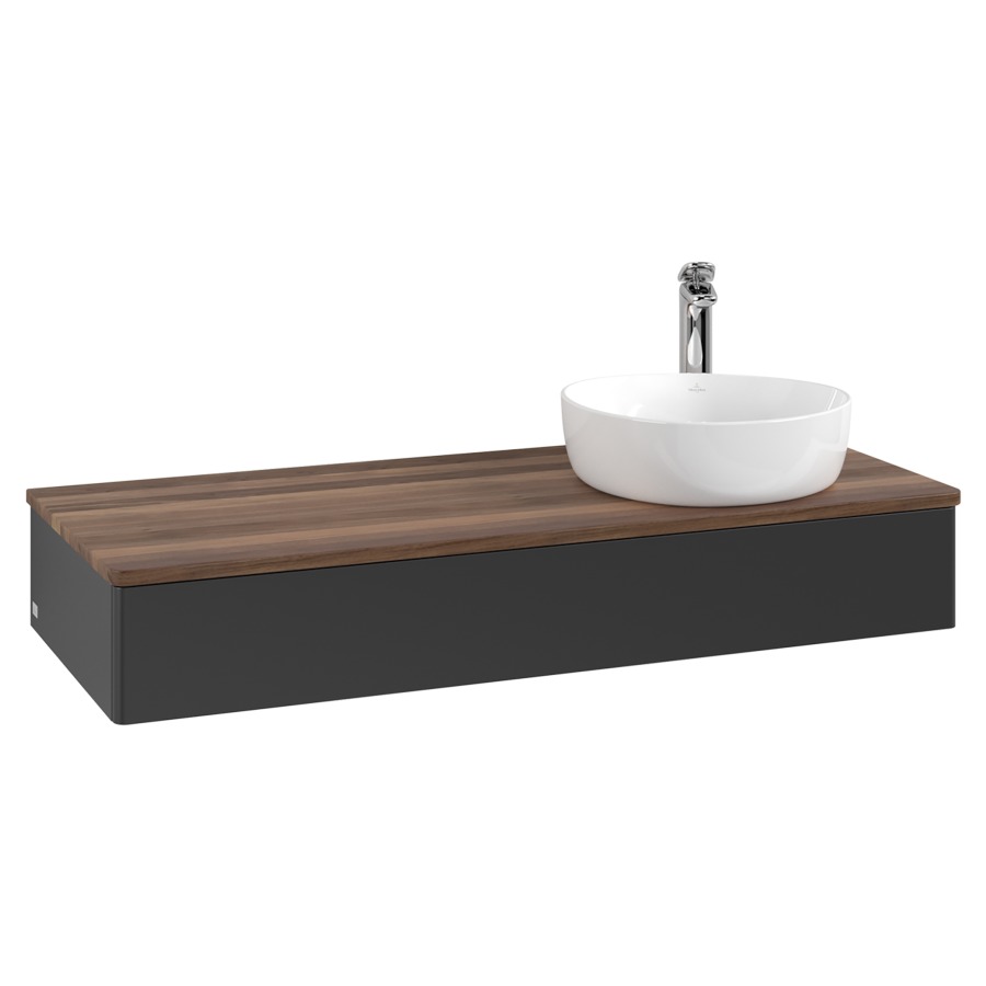 Élément inférieur  Antao
120 x 19 x 50 cm
élément de tiroir, 1&nbsp;tiroir
lavabo à droite
avec siphon gain de place
avec matériel de fixation
pour 1 lavabo à poser 101037/101038/234171
recouvrement Warm Walnut, 1 trou pour robinet