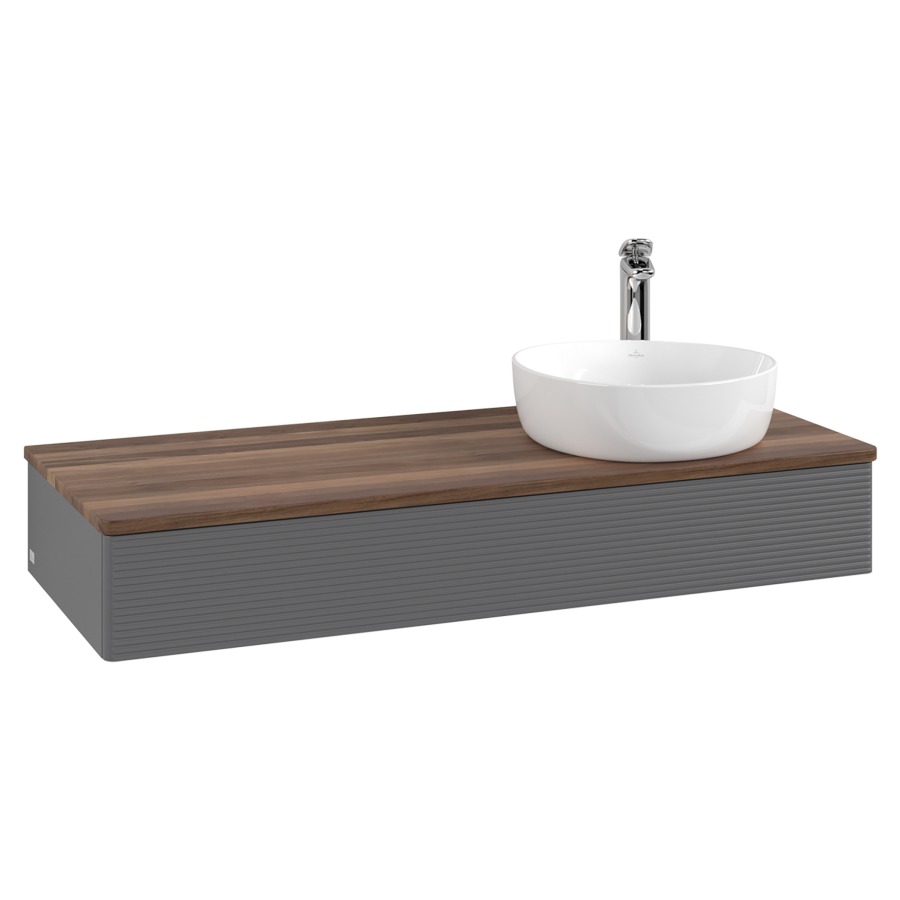 Élément inférieur  Antao
120 x 19 x 50 cm
élément de tiroir, 1&nbsp;tiroir
lavabo à droite
avec siphon gain de place
avec matériel de fixation
pour 1 lavabo à poser 101037/101038/234171
recouvrement Warm Walnut, 1 trou pour robinet