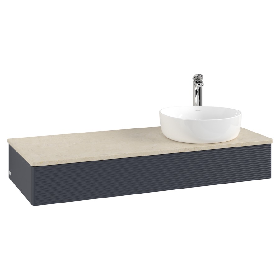 Élément inférieur  Antao
120 x 19 x 50 cm
élément de tiroir, 1&nbsp;tiroir
lavabo à droite
avec siphon gain de place
avec matériel de fixation
pour 1 lavabo à poser 101037/101038/234171
recouvrement Botticino, 1 trou pour robinet
