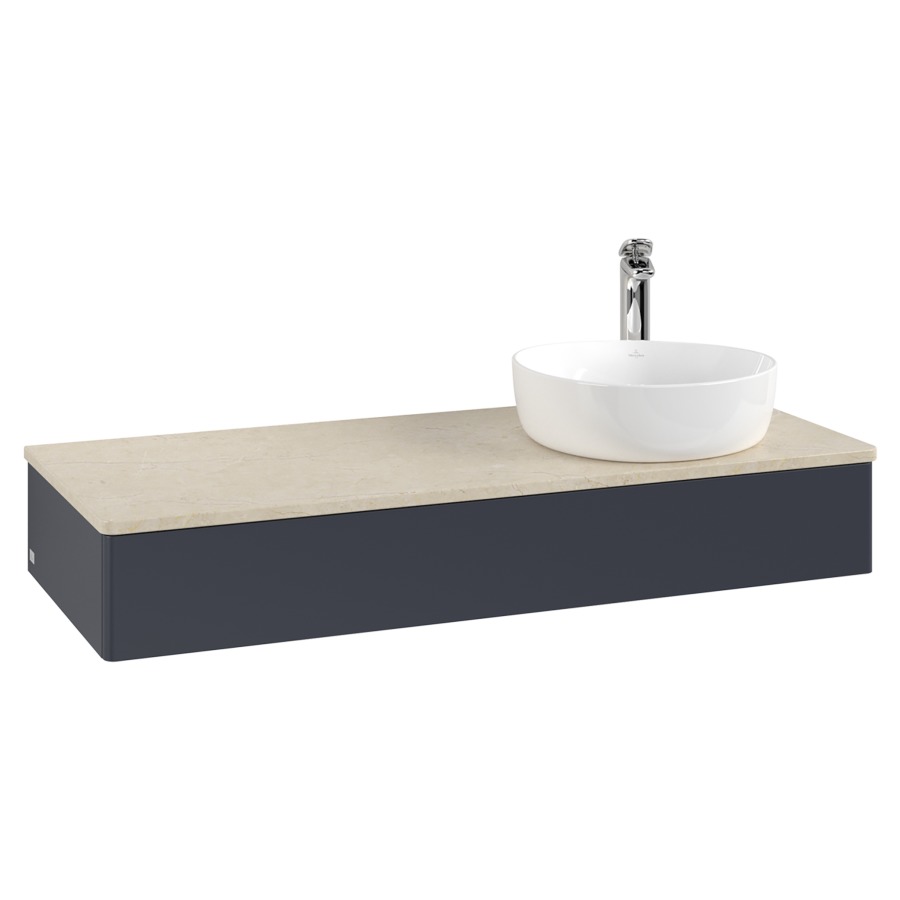 Élément inférieur  Antao
120 x 19 x 50 cm
élément de tiroir, 1&nbsp;tiroir
lavabo à droite
avec siphon gain de place
avec matériel de fixation
pour 1 lavabo à poser 101037/101038/234171
recouvrement Botticino, 1 trou pour robinet
