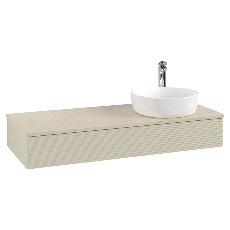 Élément inférieur  Antao
120 x 19 x 50 cm
élément de tiroir, 1&nbsp;tiroir
lavabo à droite
avec siphon gain de place
avec matériel de fixation
pour 1 lavabo à poser 101037/101038/234171
recouvrement Botticino, 1 trou pour robinet