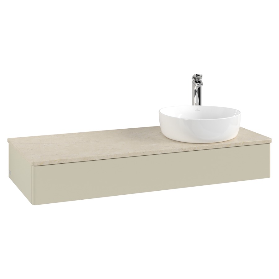 Élément inférieur  Antao
120 x 19 x 50 cm
élément de tiroir, 1&nbsp;tiroir
lavabo à droite
avec siphon gain de place
avec matériel de fixation
pour 1 lavabo à poser 101037/101038/234171
recouvrement Botticino, 1 trou pour robinet