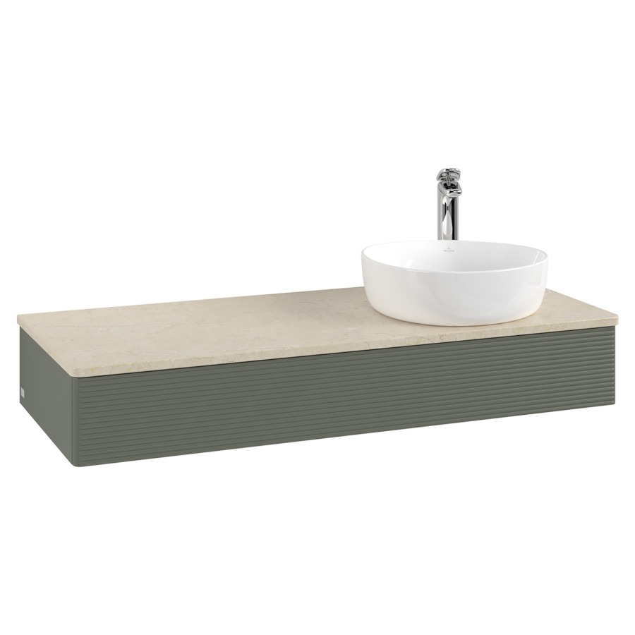 Élément inférieur  Antao
120 x 19 x 50 cm
élément de tiroir, 1&nbsp;tiroir
lavabo à droite
avec siphon gain de place
avec matériel de fixation
pour 1 lavabo à poser 101037/101038/234171
recouvrement Botticino, 1 trou pour robinet